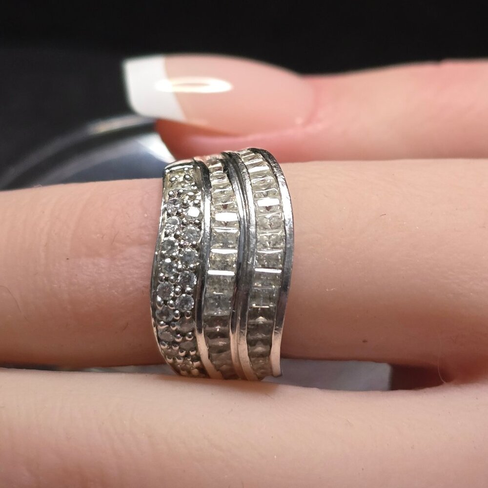 Vintage Sterling Silver Wide Multi-Row Statement Ring – Baguette & Round CZ